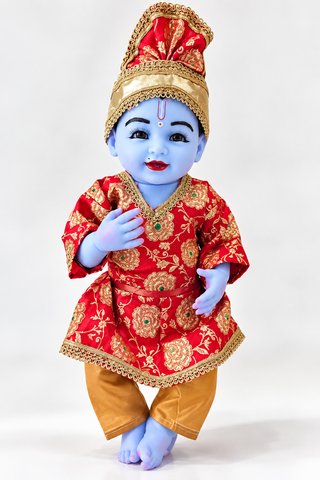 21 Inch Silicon Laddu Gopal Poshak – Red Designer Kurta, Pant & Pagdi Set