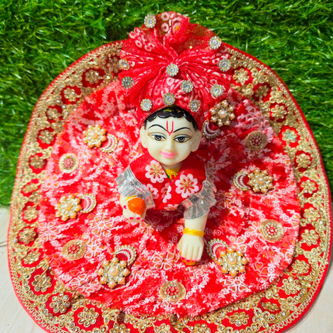 Premium Traditional Bandhani Designer Laddu Gopal Poshak with Mukut & Mala (Red)