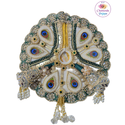 Green & White Peacock Designer Laddu Gopal Poshak โ Pearl & Stone Work Shringar Set