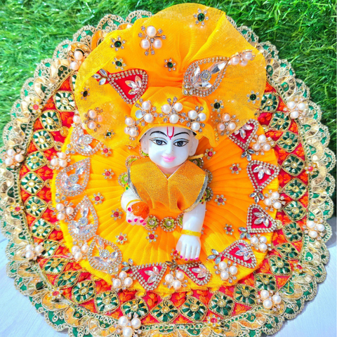 Premium Designer Laddu Gopal Poshak with Mukut & Mala (Yellow)