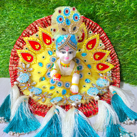 Premium Designer Laddu Gopal Poshak with Mukut & Mala (Yellow Sky Blue Theme)