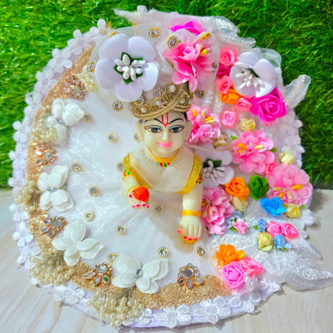 Premium Floral Designer Laddu Gopal Poshak with Mukut (White)