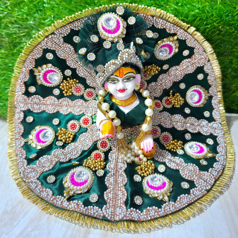 Premium Designer Laddu Gopal Poshak with Mukut & Mala (Emerald Green)