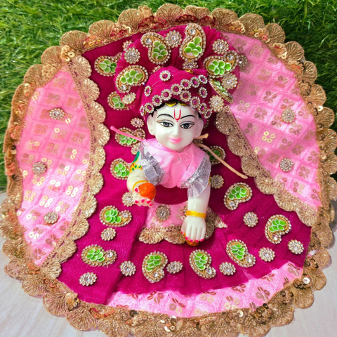 Premium Designer Laddu Gopal Poshak with Mukut & Mala (Royal Pink)