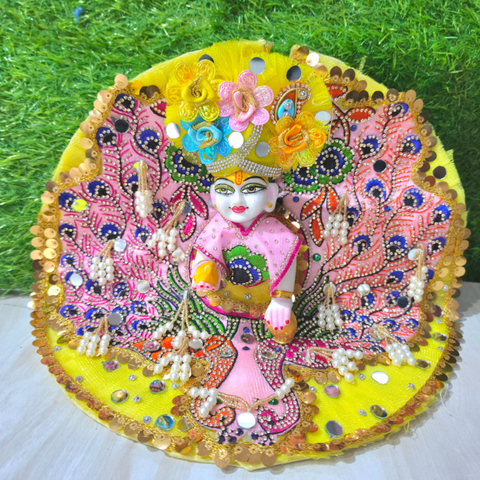 Premium Yellow Peacock Designer Laddu Gopal Poshak with Mukut & Mala