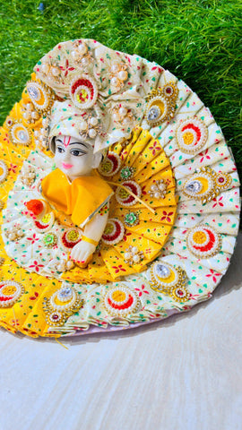 Premium Traditional Designer Laddu Gopal Poshak with Mukut & Mala (Yellow & Cream)