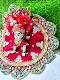 Premium Designer Laddu Gopal Poshak with Mukut & Mala (Ruby Red)