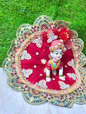 Premium Designer Laddu Gopal Poshak with Mukut & Mala (Ruby Red)