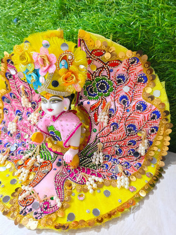 Premium Peacock Designer Laddu Gopal Poshak with Mukut & Mala (Yellow & Pink)