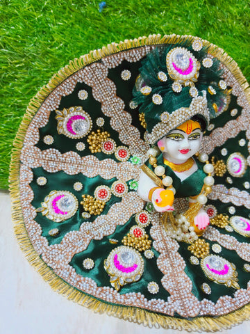 Premium Designer Laddu Gopal Poshak with Mukut & Mala (Emerald Green)