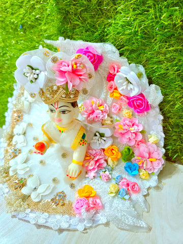 Premium Floral Designer Laddu Gopal Poshak with Mukut (White)