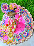 Premium Designer Laddu Gopal Poshak with Mukut & Mala – Pink