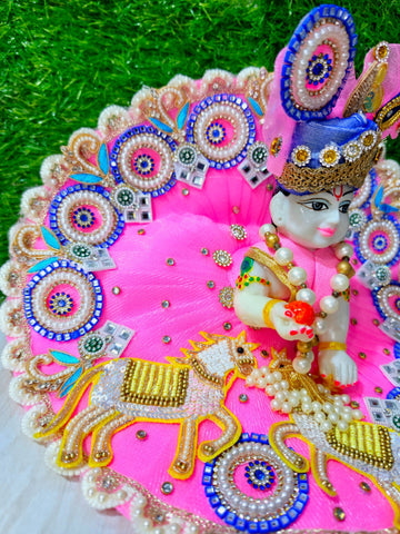 Premium Designer Laddu Gopal Poshak with Mukut & Mala – Pink