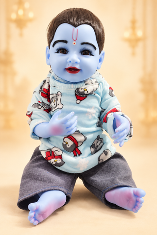 21 Inch Silicone Laddu Gopal Winter Wear – Light Blue & Grey Penguin Printed Dress