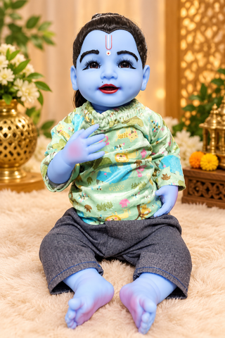 21 Inch Silicone Laddu Gopal Winter Wear – Mint Green & Grey Printed Dress