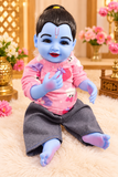 21 Inch Silicone Laddu Gopal Winter Wear – Light Blue & Grey Printed Dress