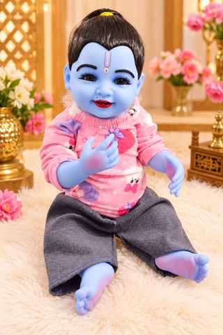 21 Inch Silicone Laddu Gopal Winter Wear – Light Blue & Grey Printed Dress
