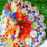 Premium Peacock Designer Laddu Gopal Poshak with Mukut & Mala (Orange & Royal Blue)