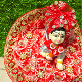 Premium Traditional Bandhani Designer Laddu Gopal Poshak with Mukut & Mala (Red)