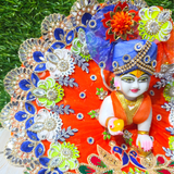 Premium Peacock Designer Laddu Gopal Poshak with Mukut & Mala (Orange & Royal Blue)