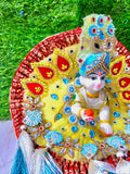 Premium Designer Laddu Gopal Poshak with Mukut & Mala (Yellow Sky Blue Theme)