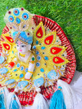 Premium Designer Laddu Gopal Poshak with Mukut & Mala (Yellow Sky Blue Theme)