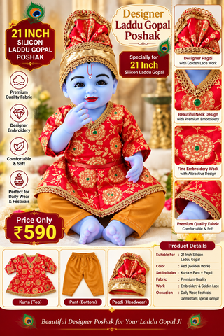 21 Inch Silicon Laddu Gopal Poshak – Red Designer Kurta, Pant & Pagdi Set