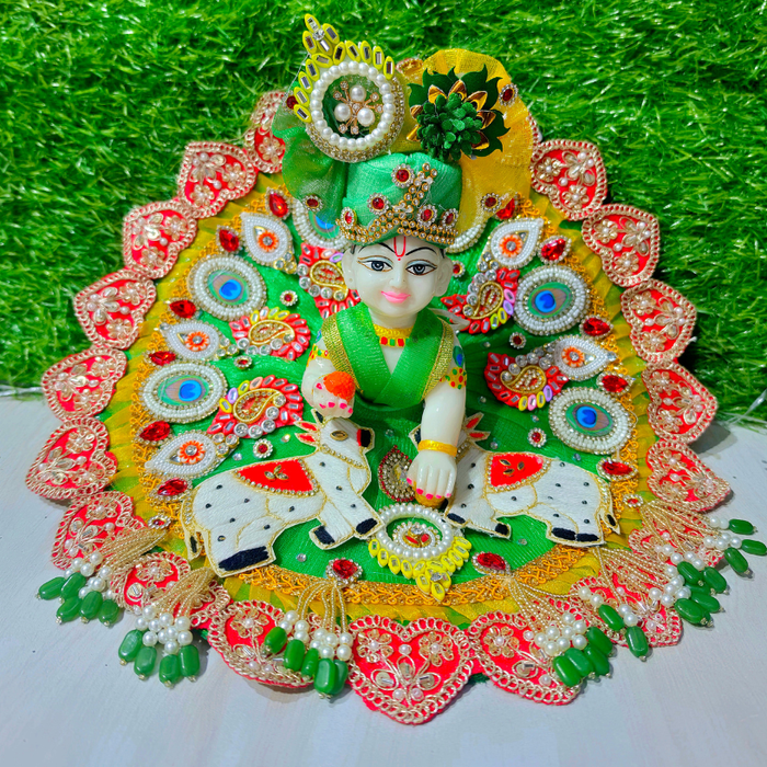 Premium Green Cow Theme Designer Laddu Gopal Poshak with Mukut & Mala