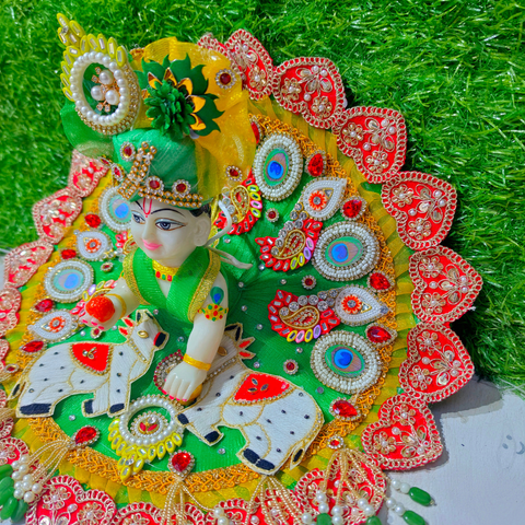 Premium Green Cow Theme Designer Laddu Gopal Poshak with Mukut & Mala