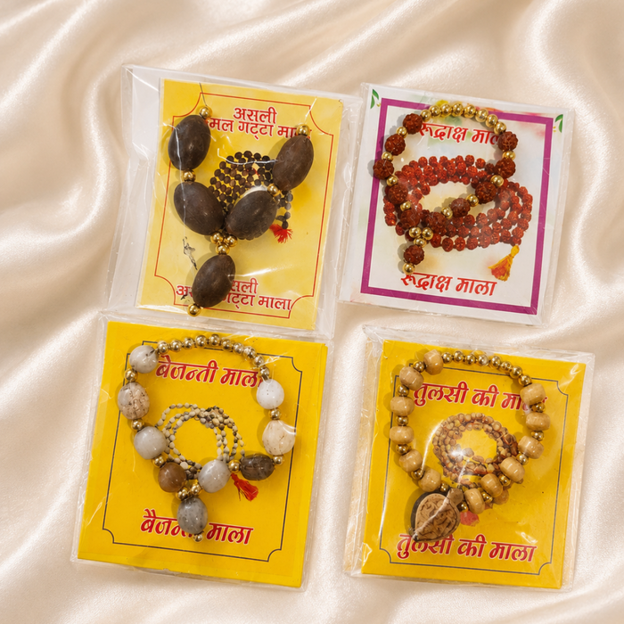 Mini Traditional Mala Set for Laddu Gopal Ji | Rudraksha, Tulsi, Vaijanti & Kamal Gatta Mala | 4-in-1 Kanha Ji Shringar Accessories