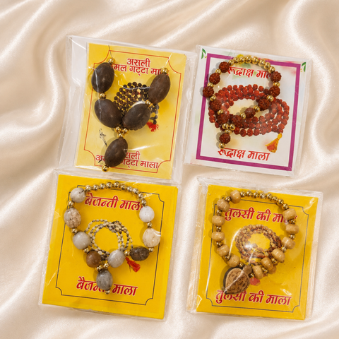 Mini Traditional Mala Set for Laddu Gopal Ji | Rudraksha, Tulsi, Vaijanti & Kamal Gatta Mala | 4-in-1 Kanha Ji Shringar Accessories