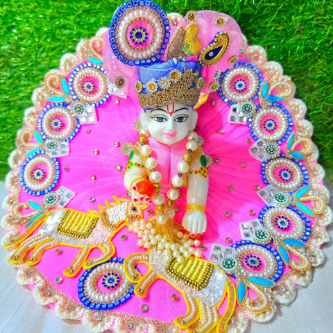 Premium Designer Laddu Gopal Poshak with Mukut & Mala – Pink