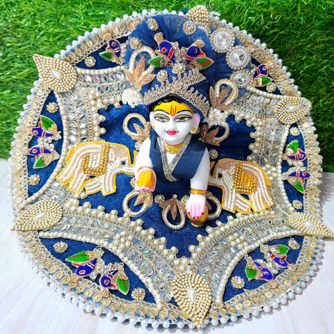 Premium Royal Elephant Designer Laddu Gopal Poshak with Mukut (Navy Blue)