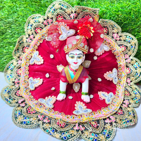 Premium Designer Laddu Gopal Poshak with Mukut & Mala (Ruby Red)