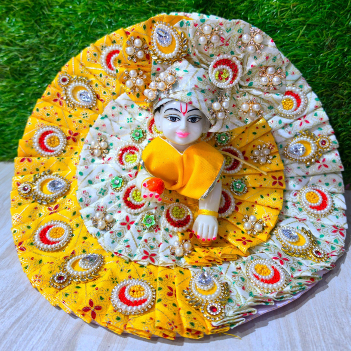 Premium Traditional Designer Laddu Gopal Poshak with Mukut & Mala (Yellow & Cream)