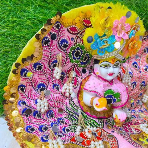 Premium Yellow Peacock Designer Laddu Gopal Poshak with Mukut & Mala