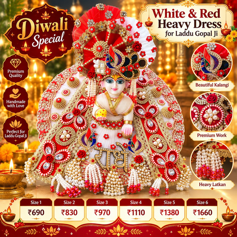 Diwali Special White & Red Heavy Designer Laddu Gopal Poshak
