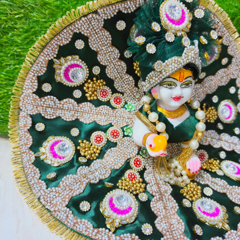 Premium Designer Laddu Gopal Poshak with Mukut & Mala (Emerald Green)