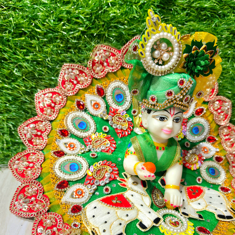 Premium Green Cow Theme Designer Laddu Gopal Poshak with Mukut & Mala