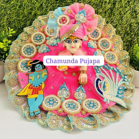 Premium Heavy Work Janmashtami Special Poshak for Laddu Gopal (Size 3 & 4) - Pink & Sky Blue Theme