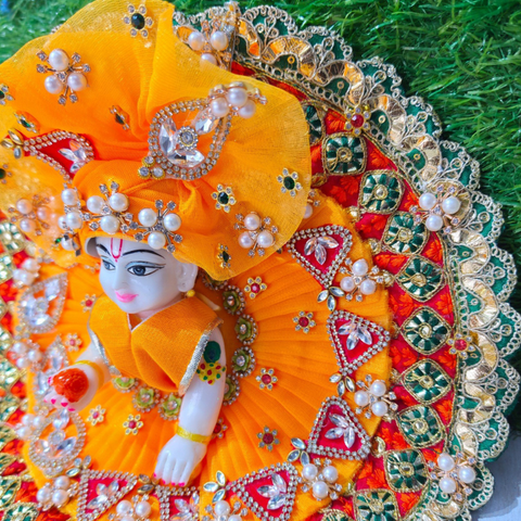 Premium Designer Laddu Gopal Poshak with Mukut & Mala (Yellow)
