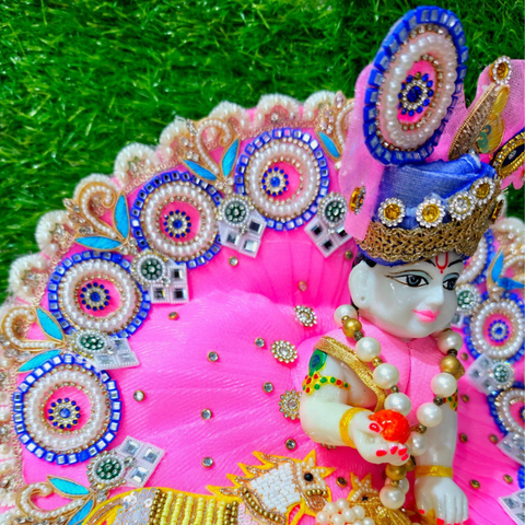 Premium Designer Laddu Gopal Poshak with Mukut & Mala – Pink