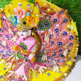 Premium Peacock Designer Laddu Gopal Poshak with Mukut & Mala (Yellow & Pink)