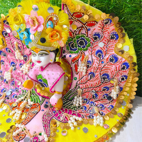 Premium Peacock Designer Laddu Gopal Poshak with Mukut & Mala (Yellow & Pink)