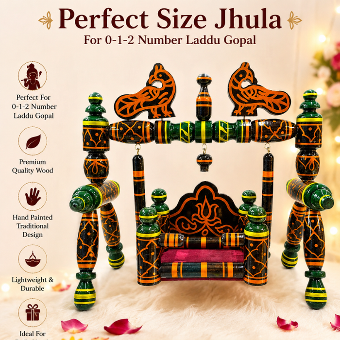 Premium Wooden Laddu Gopal Jhula / Sinhasan – Traditional Peacock Design