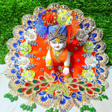 Premium Peacock Designer Laddu Gopal Poshak with Mukut & Mala (Orange & Royal Blue)