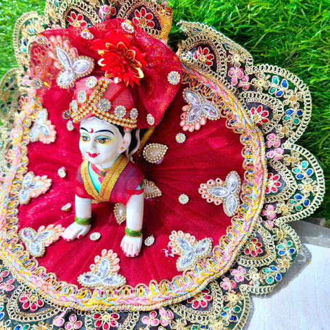 Premium Designer Laddu Gopal Poshak with Mukut & Mala (Ruby Red)