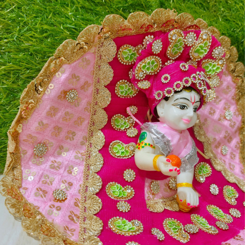 Premium Designer Laddu Gopal Poshak with Mukut & Mala (Royal Pink)