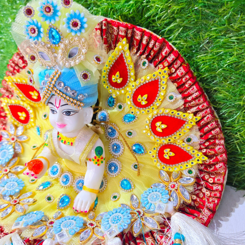 Premium Designer Laddu Gopal Poshak with Mukut & Mala (Yellow Sky Blue Theme)
