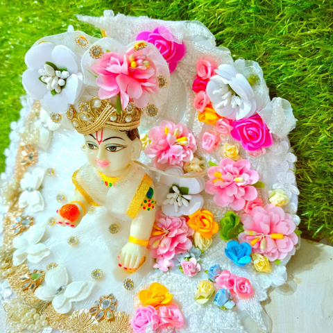 Premium Floral Designer Laddu Gopal Poshak with Mukut (White)